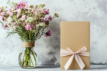 A minimalist greeting card tied with a soft pink ribbon, accompanied by a vase of wildflowers, offering a rustic and romantic design suitable for weddings or special announcements.