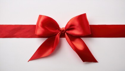 Close-up of a Shiny Red Satin Ribbon Tied in a Neat Bow on a Horizontal Red Band Against a Clean White Background. Perfect for Christmas New  Year Holiday Gift Wrapping Celebrations  Special Occasions