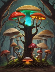 Fantasy forest landscape with magic mushrooms, Glowing mushrooms in a dreamy forest.Ai Generated