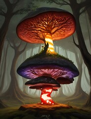 Fantasy forest landscape with magic mushrooms, Glowing mushrooms in a dreamy forest.Ai Generated