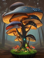 Fantasy forest landscape with magic mushrooms, Glowing mushrooms in a dreamy forest.Ai Generated