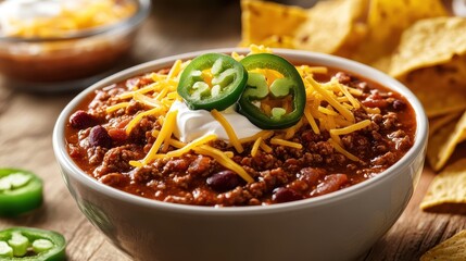 Wall Mural - A bowl of spicy Mexican chili con carne with shredded cheddar cheese, sour cream and jalapenos, served with tortilla chips