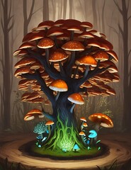 Fantasy forest landscape with magic mushrooms, Glowing mushrooms in a dreamy forest.Ai Generated