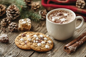 Delicious Christmas cookies and hot chocolate on a rustic wooden table with festive decorations for a cozy holiday treat