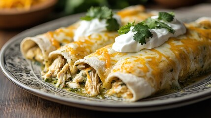 Wall Mural - A plate of enchiladas verdes filled with shredded chicken, topped with salsa verde, melted cheese, and a dollop of sour cream