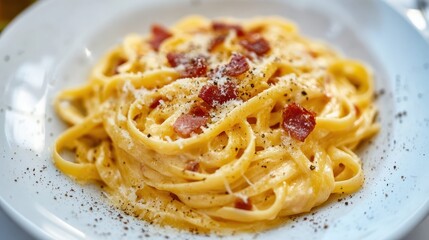 Wall Mural - A plate of freshly made pasta carbonara with crispy pancetta, Parmesan cheese, and a creamy egg sauce, garnished with black pepper