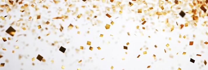 Poster - Gold confetti pieces gently falling against a white background. Festive for Christmas, New Year's Eve, and holiday parties.