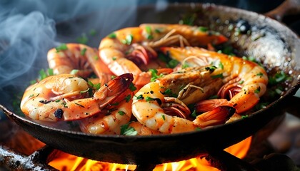 Spicy Fried Prawns in a Pan with Aromatic Smoke, Showcasing Nutritious and Delicious Mediterranean Seafood Culinary Delight