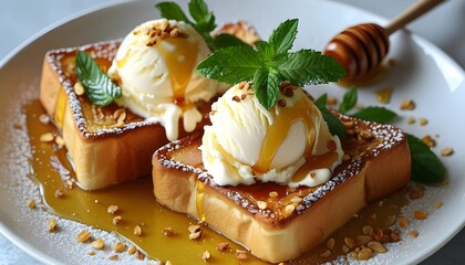 Wall Mural - Deliciously Indulgent Vanilla Ice Cream with Drizzled Honey on Toast