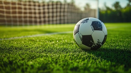 Soccer ball on a green field with a goal in the background.