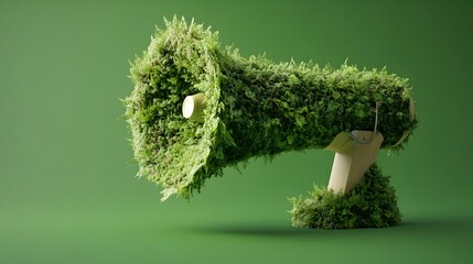 Poster - Mossy Megaphone   A 3D Depicting a Sound Device Covered in Lush Green Moss and Lichen Against a Natural Background Representing the Concept of Nature Overtaking Technology