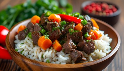 Delicious pilaf featuring savory beef, vibrant carrots, and spicy chili pepper served on a rustic wooden table