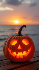 Happy halloween pumpkin at the beach