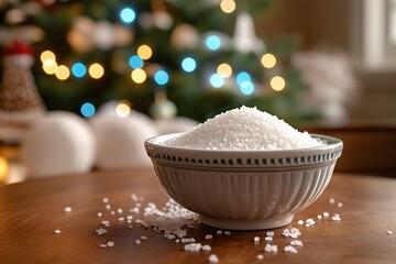 White sugar in a bowl on a wooden table with a blurred Christmas tree in the background.