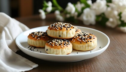 Delicious sesame cakes artfully presented on a pristine white ceramic plate atop a well-set table