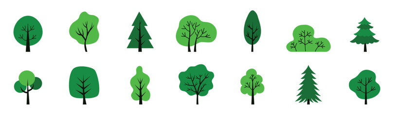Wall Mural - colorful deciduous and coniferous trees set isolated on a white background. design concept for a tex