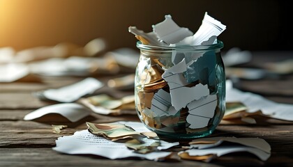 Shattered Piggy Bank Amidst Fractured Financial Papers Illustrating Economic Downturn