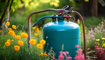 Garden setting featuring a natural gas cylinder amidst flowers and greenery