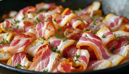 Bacon Slices Sizzling in a Pan with Juicy Fat and Crispy Edges