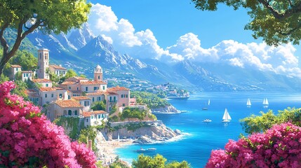 Charming Mediterranean town with a coastal view, flowers, and the sea, depicted in a beautiful oil painting style.