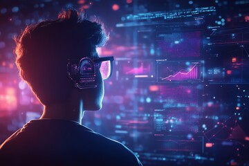 Poster - A person wearing glasses with digital interface overlayed on their face, looking at data and graphs on a screen in a futuristic setting.