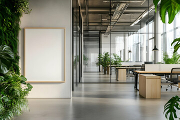 Modern Office Interior with City View, Blank Frame, and Natural Light