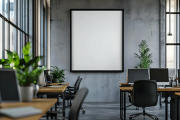 Modern Office Interior with City View, Blank Frame, and Natural Light