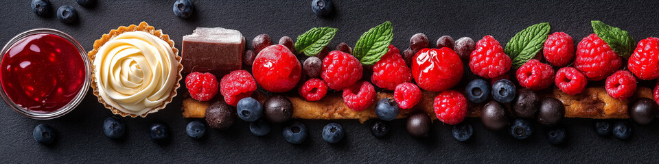 Wall Mural - A dessert with a variety of fruits and a pastry. Wide format image, website header.