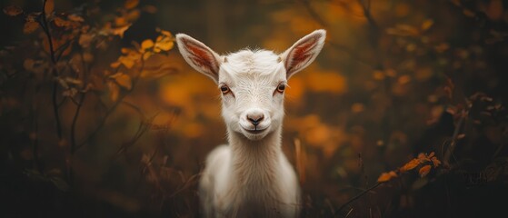 Poster -  A tight shot of a goat's face in a pasture, surrounded by grass and autumnal trees shedding yellow leaves