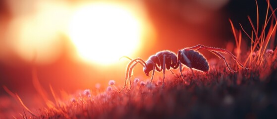 Poster -  A group of ants atop a grassy field faces a radiant orange sun in the background