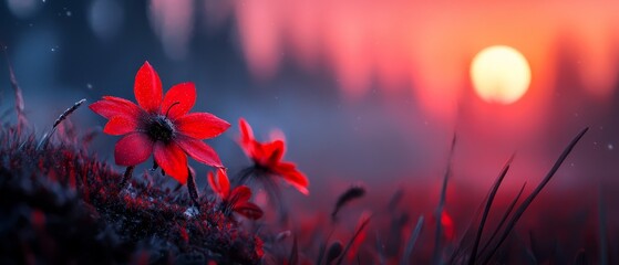 Sticker -  A red flower blooms in the heart of a sunlit meadow, surrounded by green grass The sun sets in the distance, casting long shadows