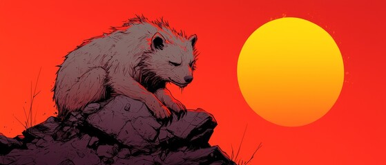 Wall Mural -  A wolf seated atop a rock as the sun sets, sun in backdrop