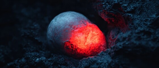 Poster -  A rock with a red light emanating from its center against a black backdrop