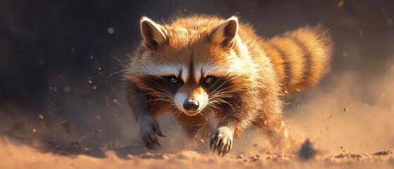 Sticker -  A tight shot of a raccoon scampering across a field, its paws disturbing dirt and raising clouds of dust