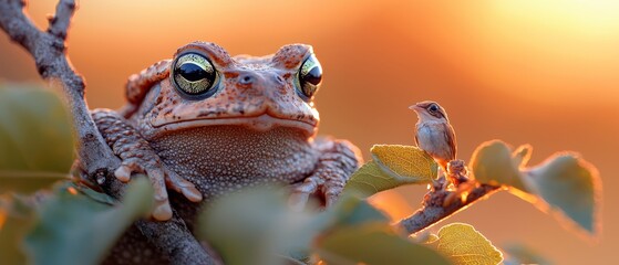 Wall Mural -  A tight shot of a frog atop a tree branch, birds nest orperched above