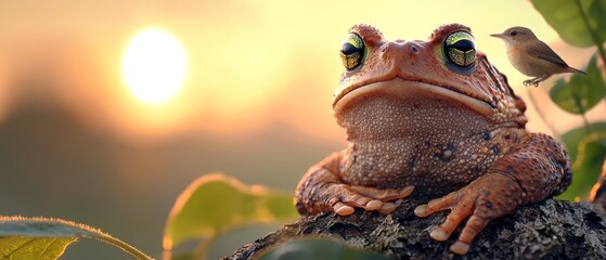  A detailed image of a frog perched on a tree branch with a bird sitting atop its head