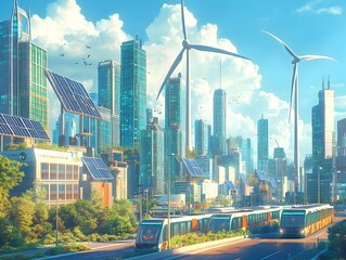 Poster - renewable energy transforming vibrant metropolitan cityscape with collaborative community initiative
