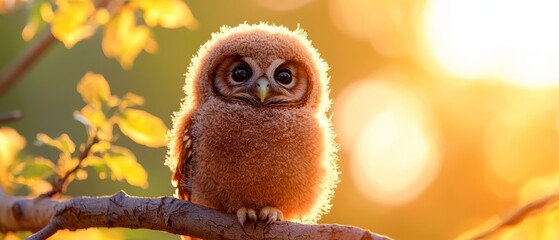 Sticker -  A small brown owl perches on a tree branch against a backdrop of a leafy tree bathed in sunlight