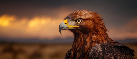 Wall Mural -  A tight shot of a raptor before a sky backdrop, adorned with clouds and a sun