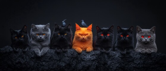 Sticker -  A group of cats seated on rocks against a black backdrop..Or:..Cats assembled on a rock pile, silhouetted against blackness