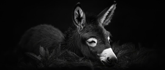 Canvas Print -  A monochrome image of a donkey's visage surrounded by leaves in monochrome