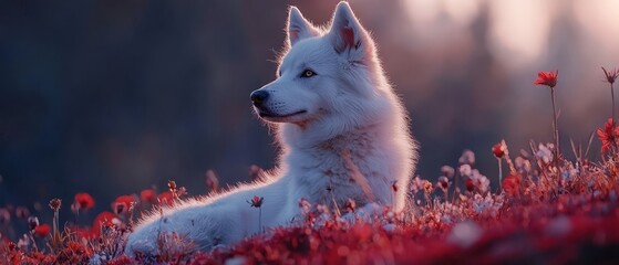 Poster -  A white dog sits in a red-flowered field, sun shining through the background trees