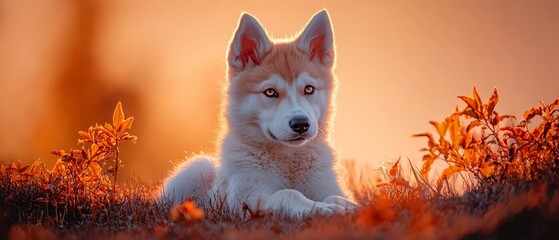 Poster -  A white and brown dog sits atop a grassy field, near a bush teeming with orange and yellow flowers