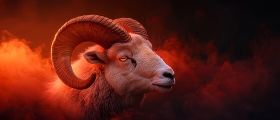 Canvas Print -  A tight shot of a ram's head against a dark backdrop, encircled by wisps of gray smoke and radiant orange illumination