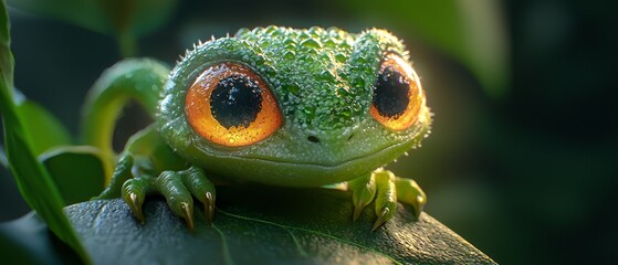 Sticker -  A tight shot of a frog's expressionive face, its eyes bright and orange, a nearby green leaf in sharp focus in the foreground