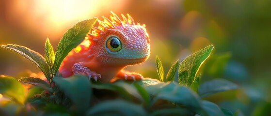 Poster -  A tight shot of a lizard perched on a leafy branch, sun rays filtering through the foliage behind