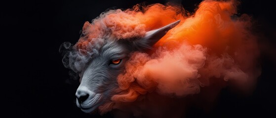 Wall Mural -  A tight shot of a sheep's face with steam billowing from its back