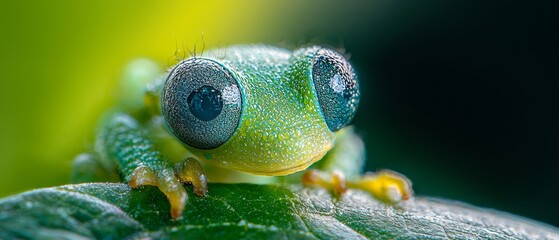 Wall Mural -  A tight shot of a green insect, its blue eyes prominent, and a nearby green leaf with verdant foliage