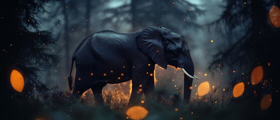 Wall Mural -  An elephant in a forest, surrounded by trees, bears bright lights on its sides