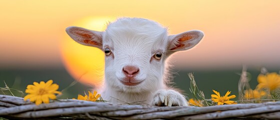 Wall Mural -  A tight shot of a sheep reclining in a lush grass field, surrounded by wildflowers, with the sun casting long shadows in the distance